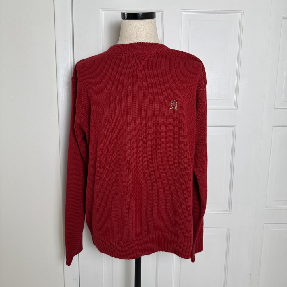 Tommy‎ Hilfiger Sweater Mens XL Red Cotton Crewneck Pullover Crest Logo Knit